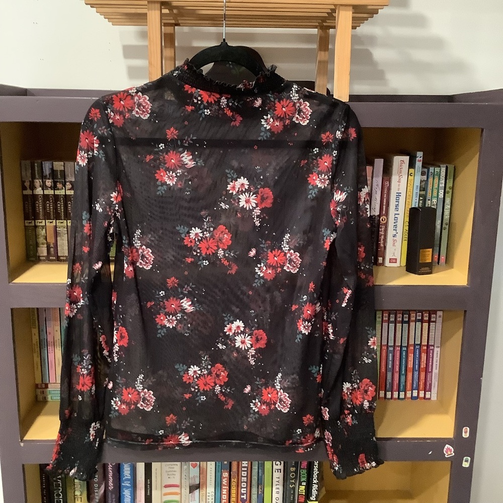Vintage Y2K Sheer Mesh Black Red Floral Long Sleeve Top Size L Whimsygoth - Picture 6 of 8